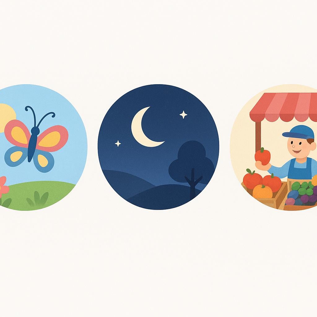 A colorful storybook illustration featuring three distinct, small circular vignettes placed side-by-side. The first circle shows a sunny day with a butterfly. The second circle shows a dark night with a crescent moon. The third circle shows a simple scene of a busy market stall.
