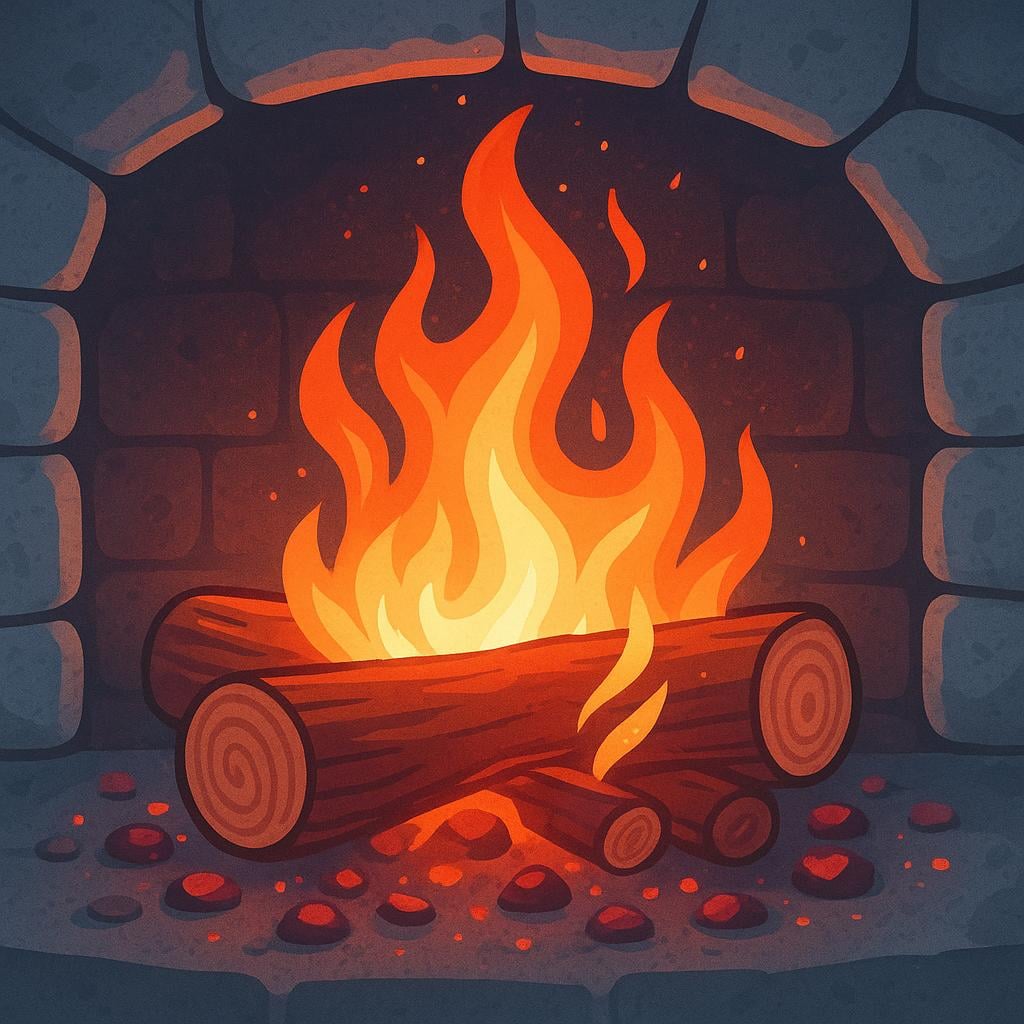 A close-up view of a stone fireplace hearth with brightly burning logs and glowing embers, emphasizing warmth and centrality.