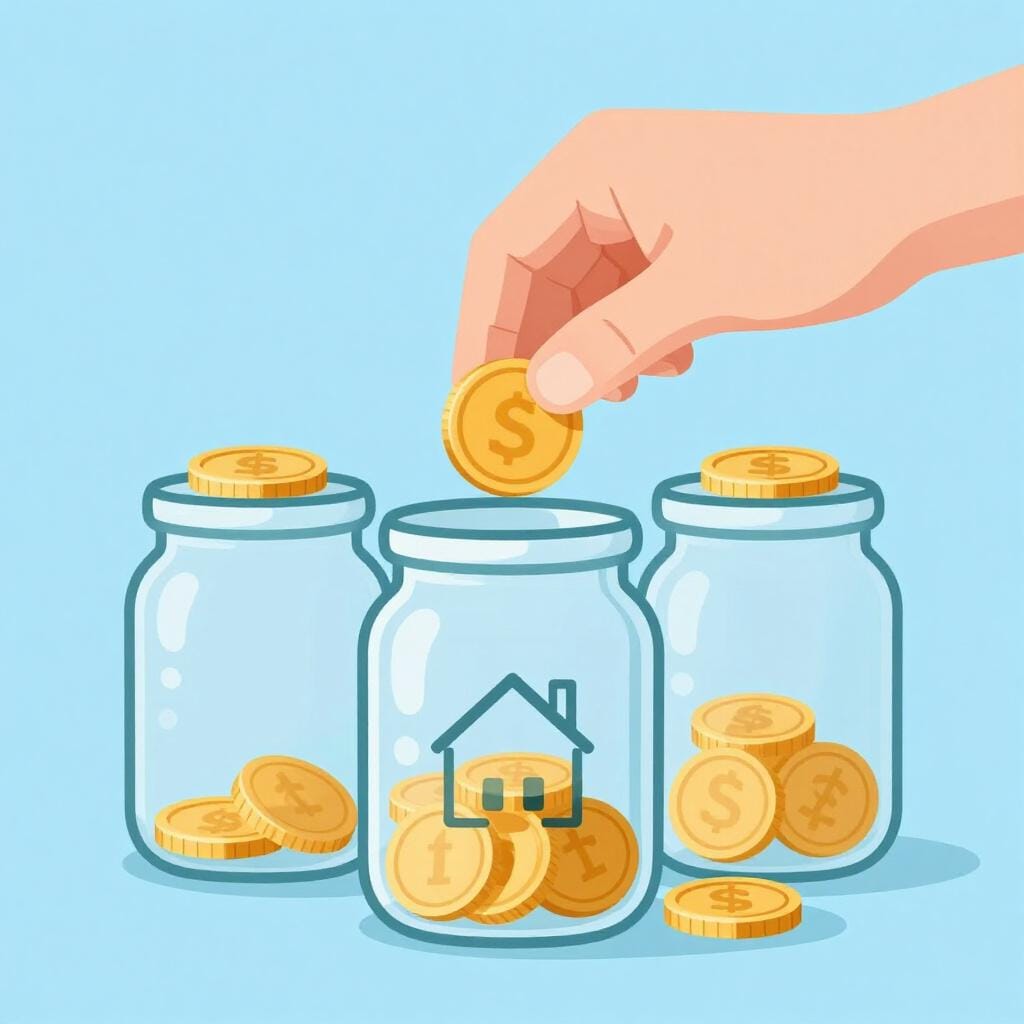 A wooden hand placing a golden coin into a small glass jar labeled with a picture of a house.