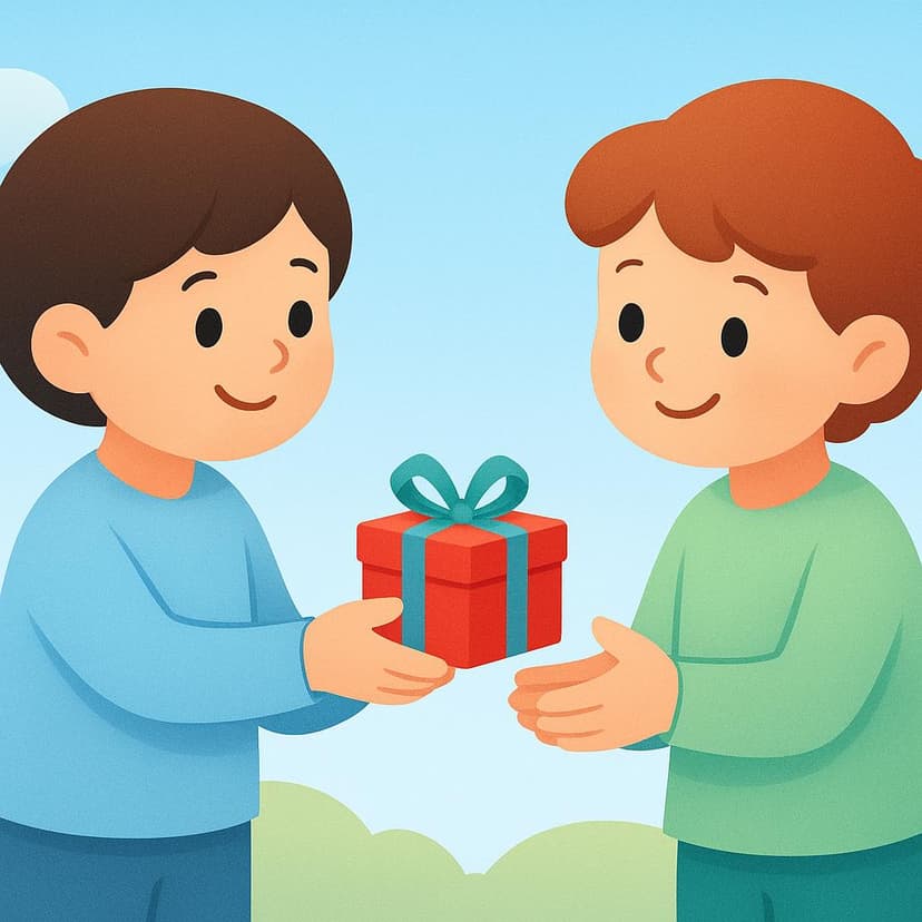 A storybook illustration of one person handing a brightly wrapped gift box to another person, clearly symbolizing the action of giving.