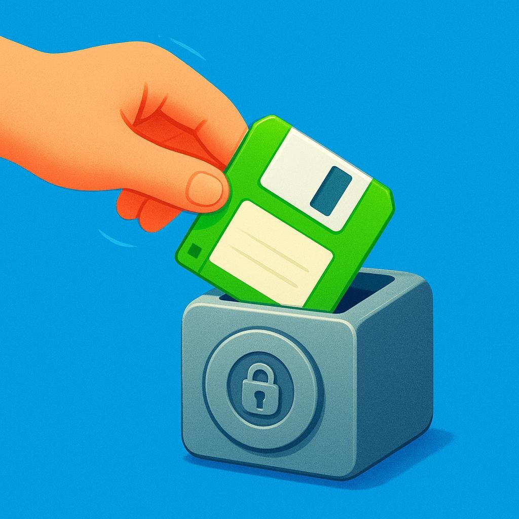 A stylized cartoon hand gently placing a bright green floppy disk icon into a small, secure digital vault icon, representing a computer or game save action.