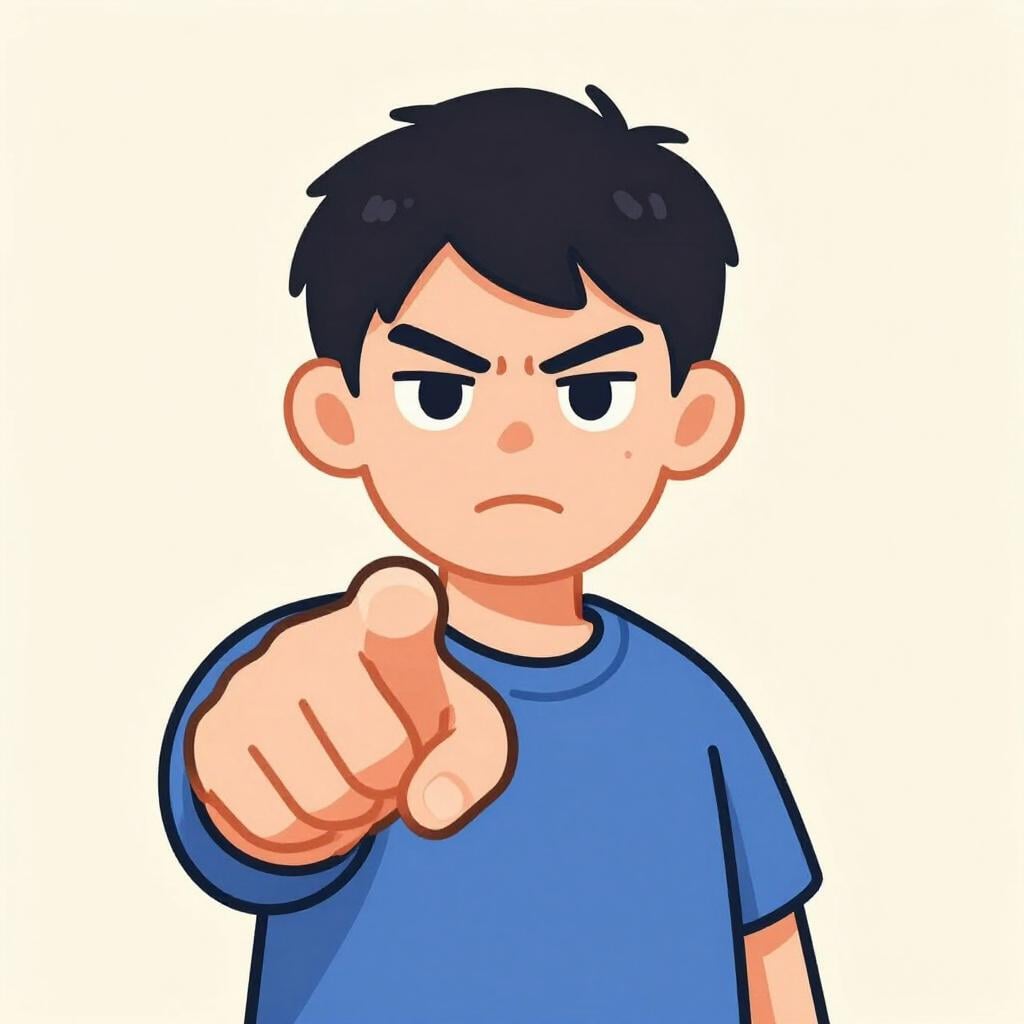 A person with a judgmental expression pointing a finger.