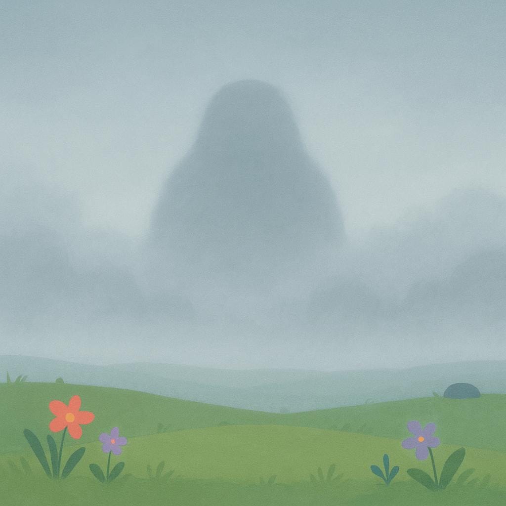 A scene where a thick, gray fog obscures the view of a large, indistinct object on the horizon, making its shape difficult to determine.