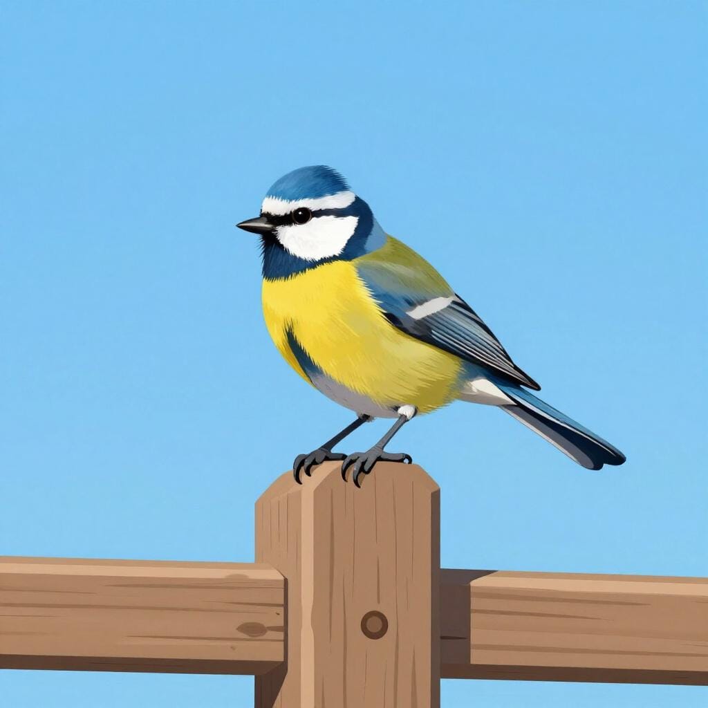 Een kleine vogel die volkomen stil zit op een houten hekpaal.