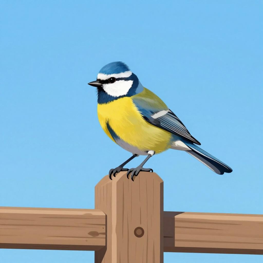 Un piccolo uccello seduto perfettamente immobile su un palo di recinzione di legno.
