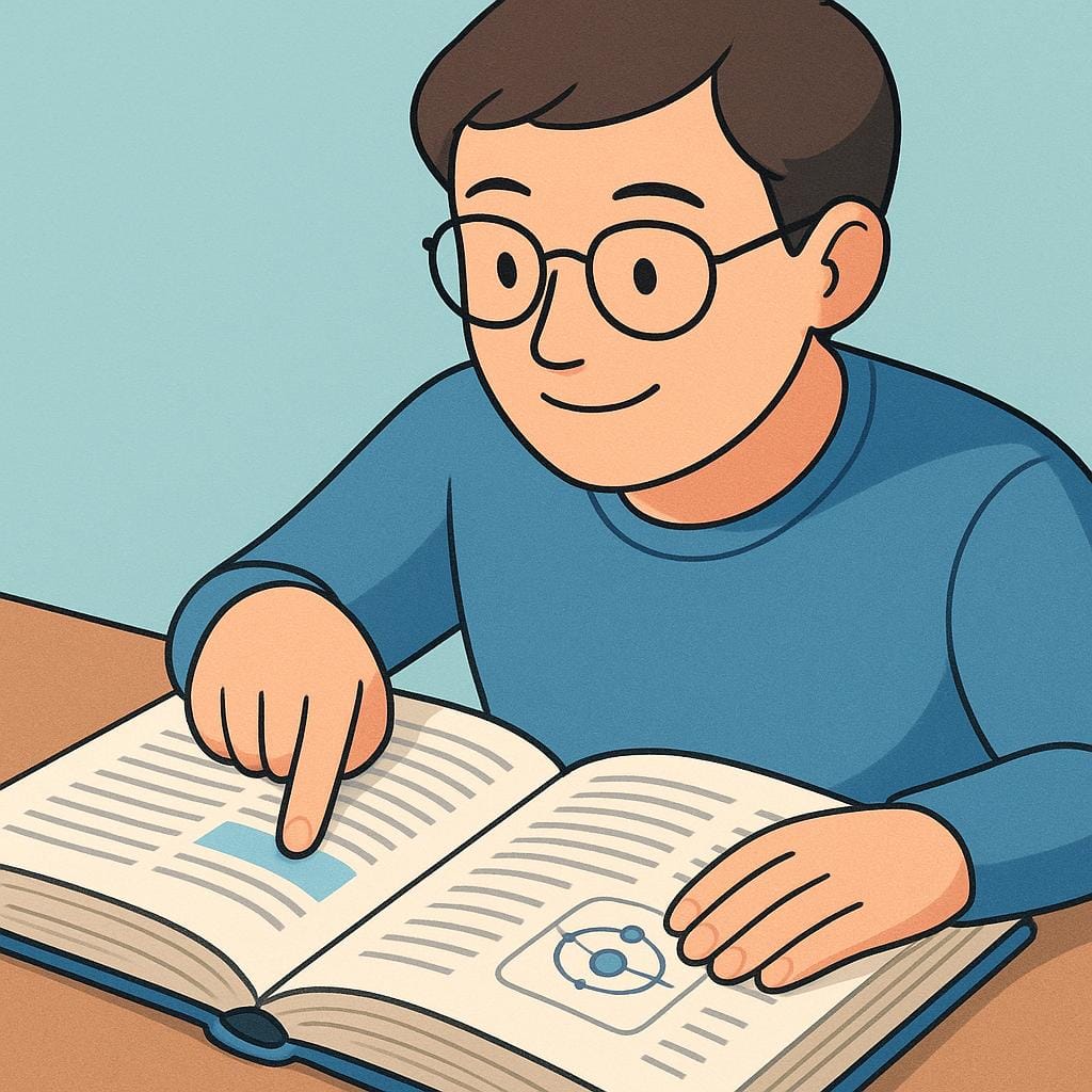 A person wearing glasses pointing their finger directly at a passage in an open textbook, demonstrating the act of referencing a source.