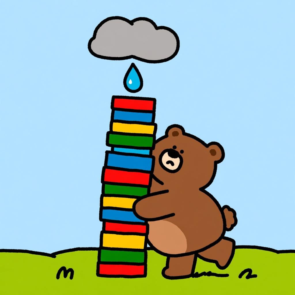 A simple cartoon bear struggling to carry a tall, unstable stack of colorful blocks. A single, large raindrop is falling from a small gray cloud directly onto the topmost block, symbolizing an additional problem.