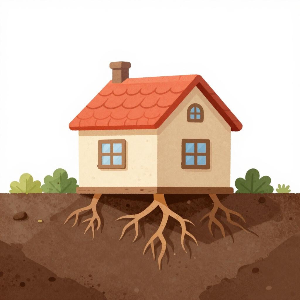 A small cozy house with deep roots growing into the earth.