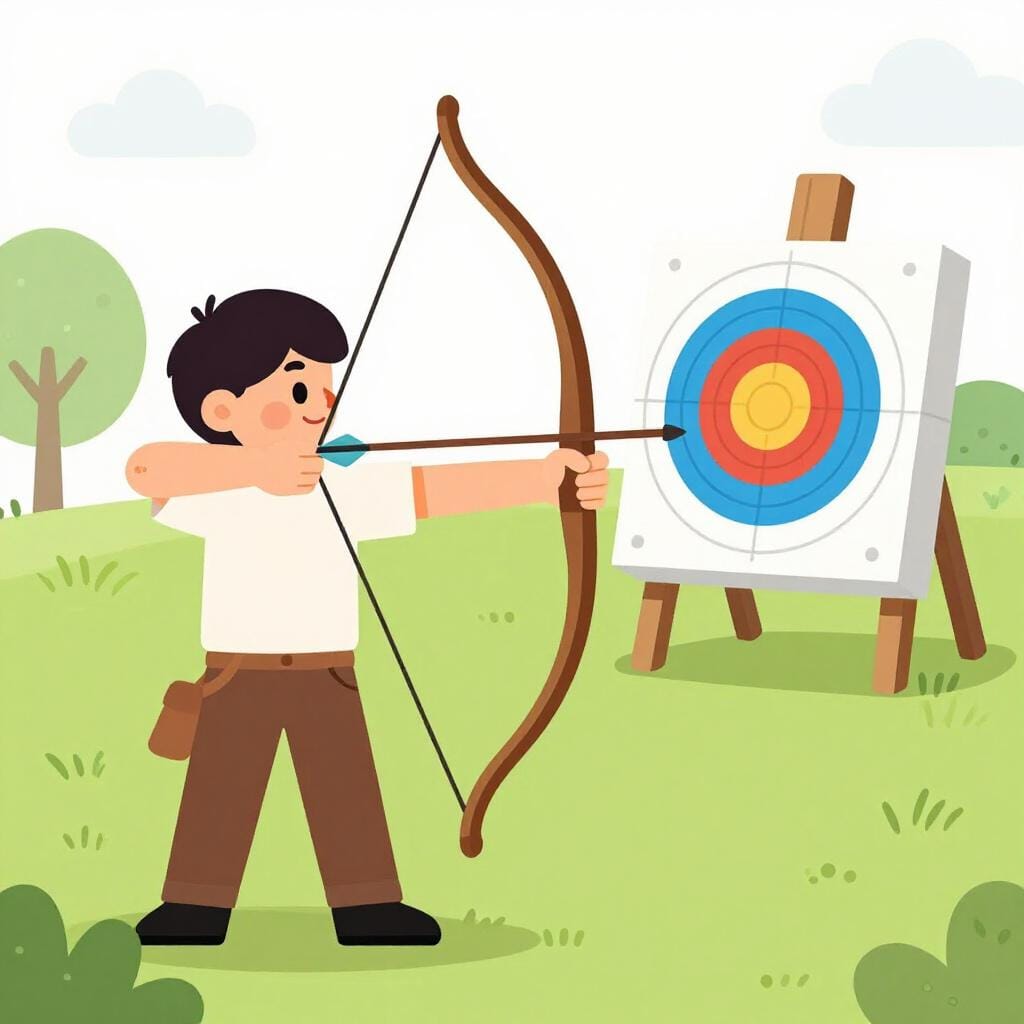 An archer with a wooden bow and arrow aiming at a target.