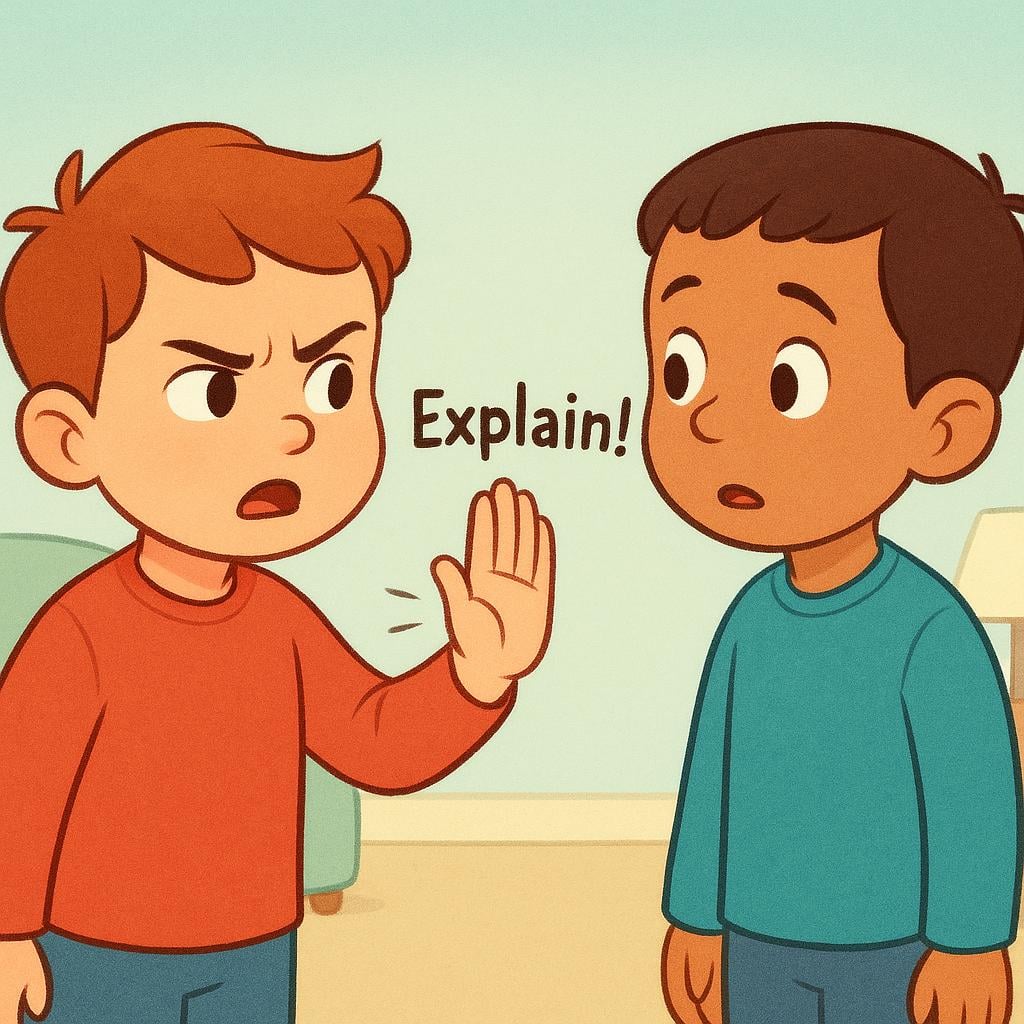 A cartoon character with a confused and slightly demanding expression, holding up their hand in a clear gesture of request towards a second character, signaling a command to explain.