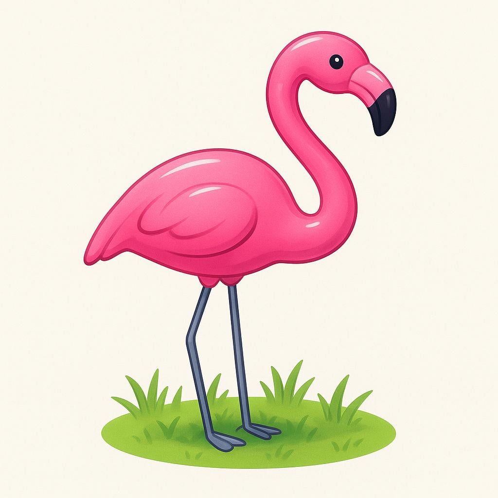 A single, brightly colored, oversized pink plastic flamingo decoration standing in a patch of simple green grass, symbolizing tastelessness.