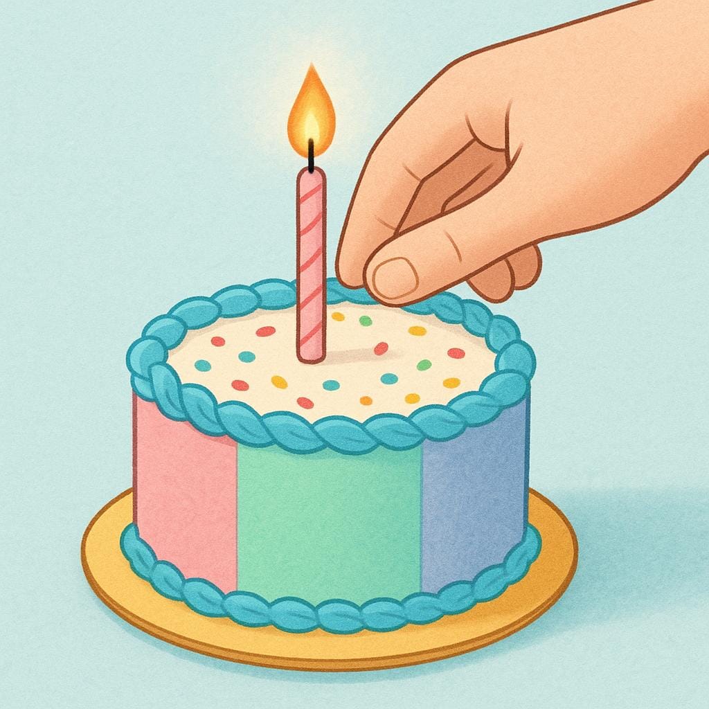 A hand carefully placing one lit candle onto a small, colorful birthday cake, symbolizing turning a new age.