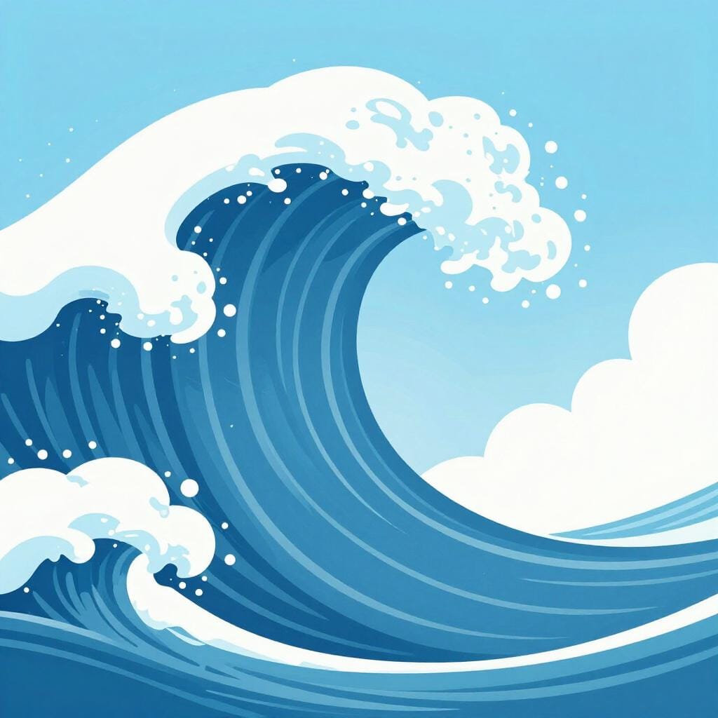 A large, powerful wave of water crashing down on a small toy boat to symbolize a forceful, retaliatory action.