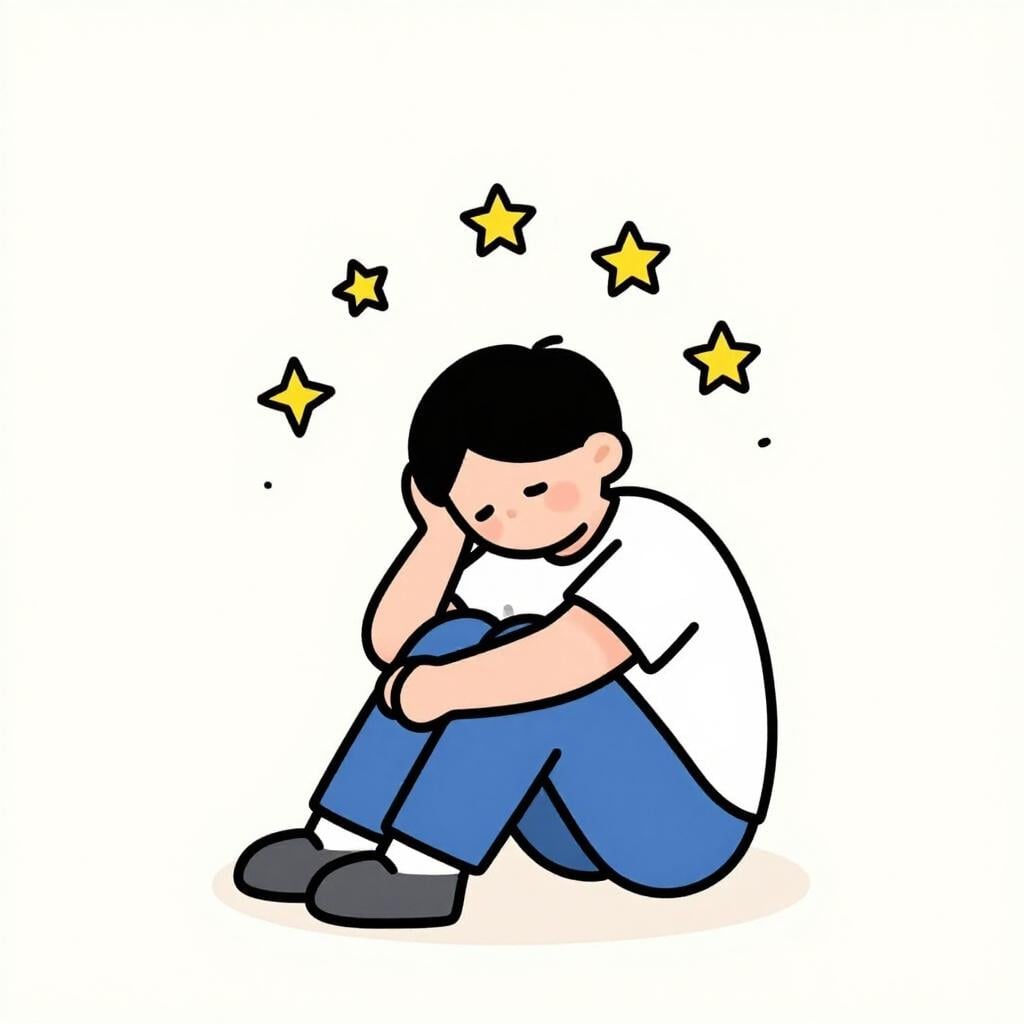 A person looking very dizzy with spinning stars around their head.