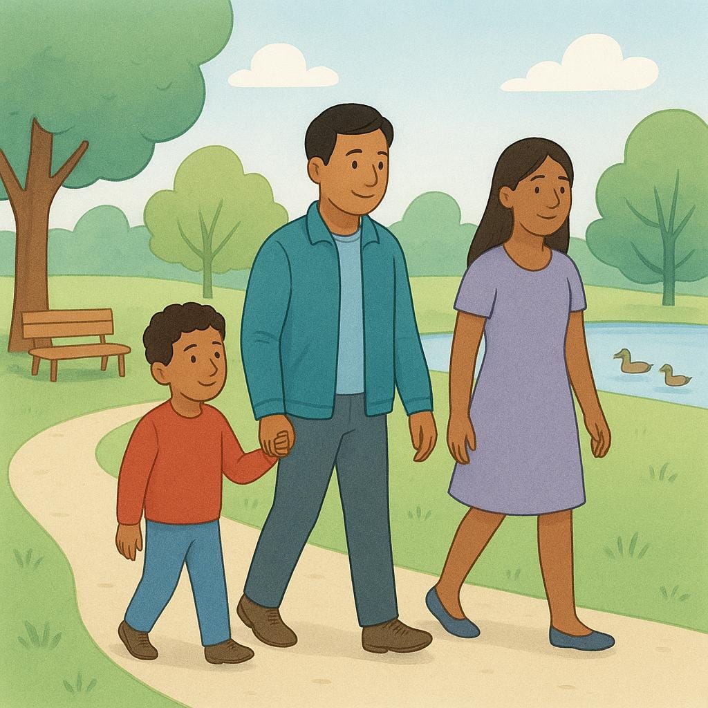 A colorful illustration showing three people—a man, a woman, and a child—dressed in casual, ordinary clothes, representing non-military civilians.