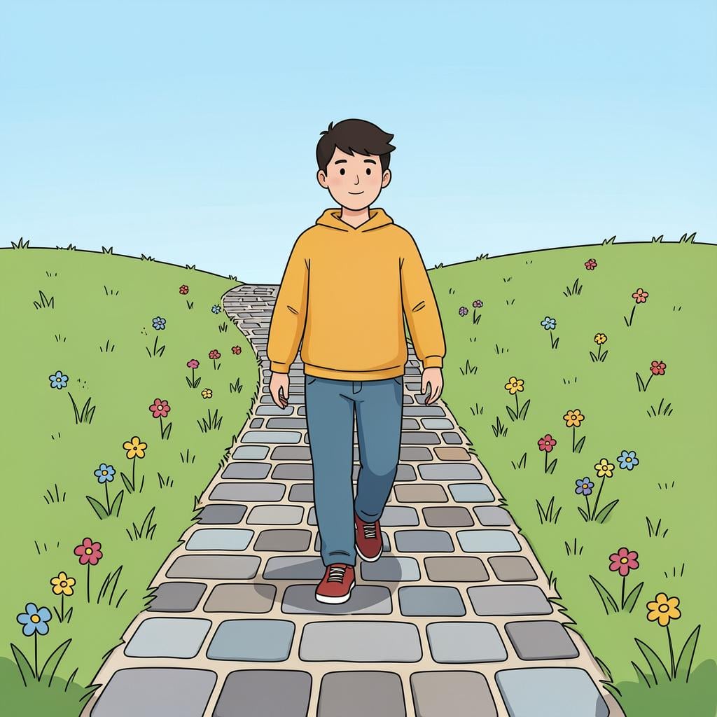 A person walking along a winding garden path on a sunny day.