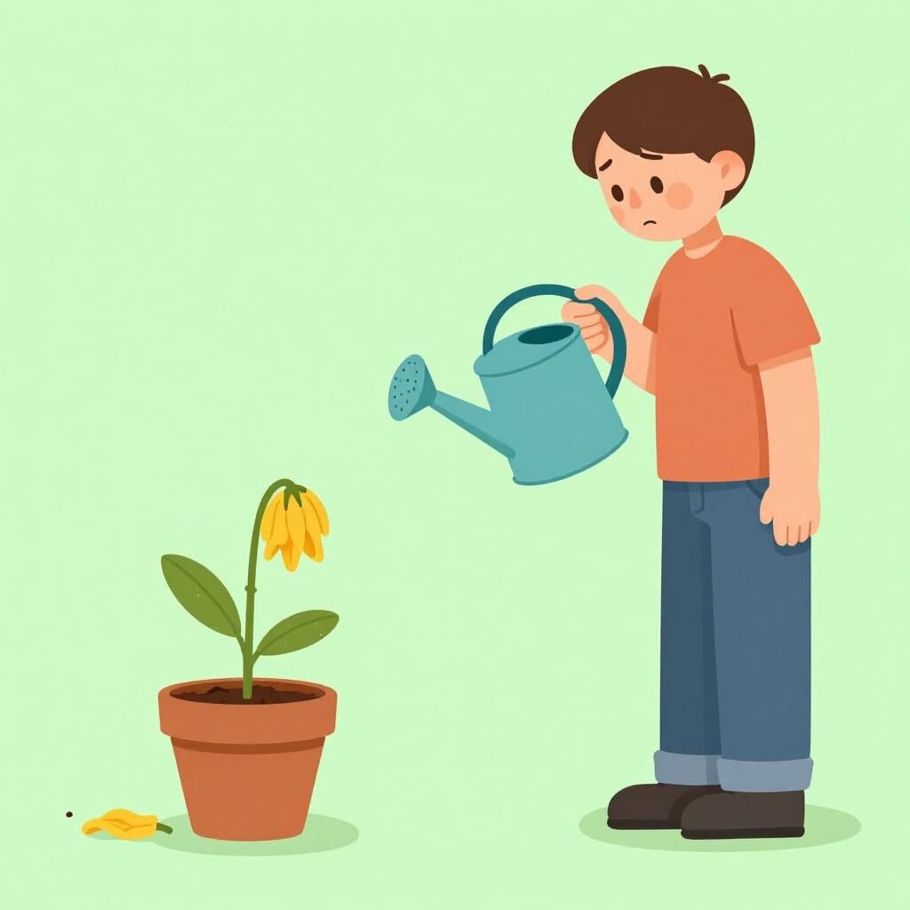 A sad person holds an empty watering can and stares remorsefully at a small, severely wilted potted flower on a table.