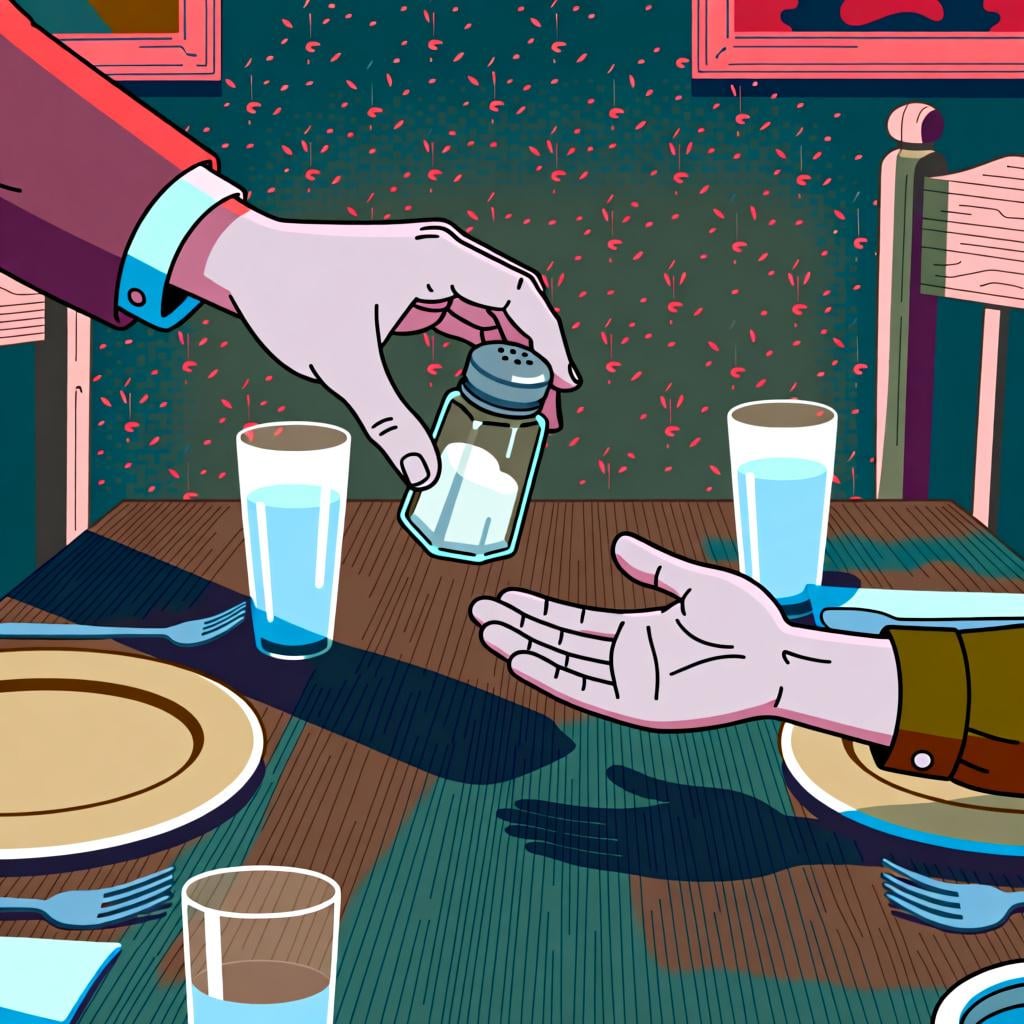 A person handing a salt shaker to another person across a dinner table.