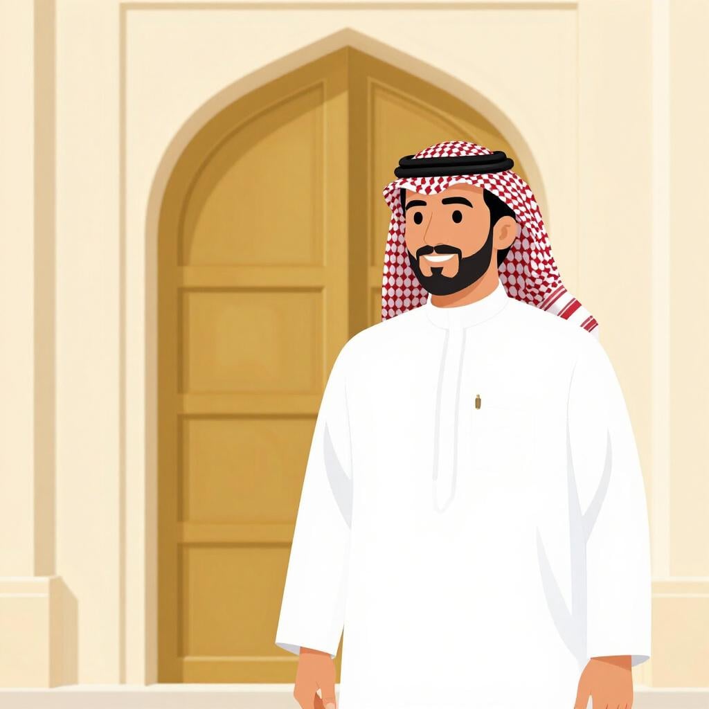 Una persona che indossa un dishdasha iracheno tradizionale e un ghutra a fantasia, in piedi davanti a un portale ad arco.