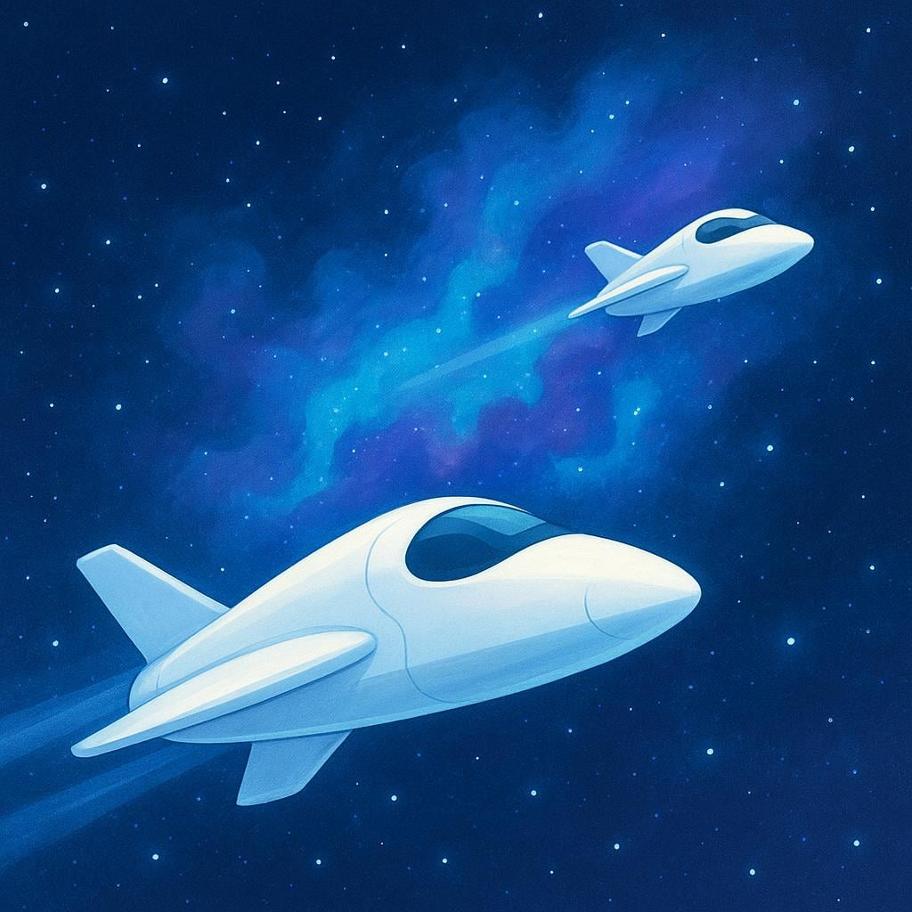 Two sleek, futuristic spacecraft flying past a blue and purple nebula in the blackness of deep space.