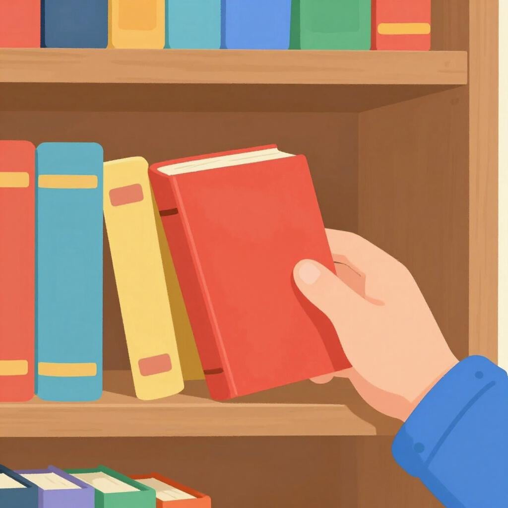 A hand placing a single colorful book back into a gap on a wooden bookshelf.