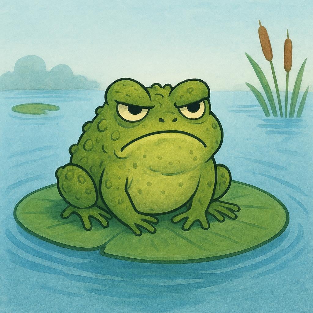A grumpy, warty, green toad sitting alone on a large green lily pad in a pond.