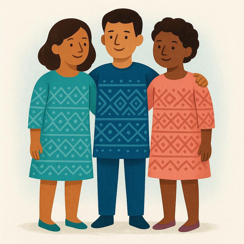 Three brightly colored, stylized figures standing side-by-side, unified by the shared geometric pattern decorating their simple robes, emphasizing their group identity.