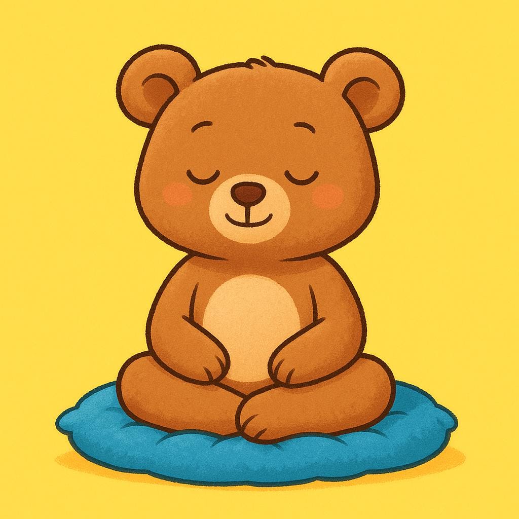 A smiling, peaceful teddy bear character sitting cross-legged on a fluffy blue cushion against a bright, sunny background, demonstrating a lack of worry.