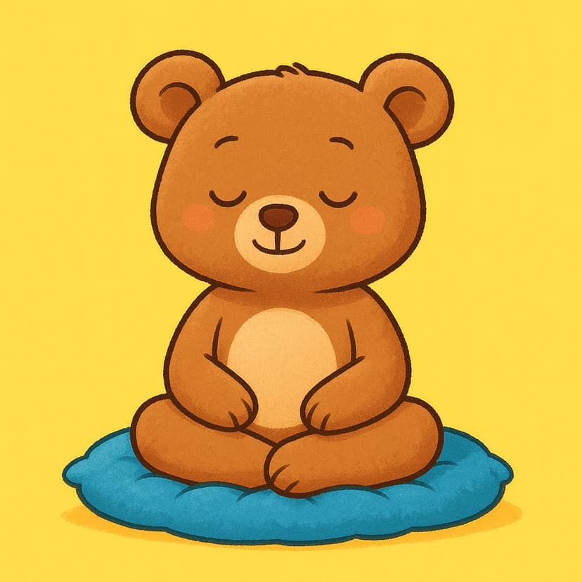 A smiling, peaceful teddy bear character sitting cross-legged on a fluffy blue cushion against a bright, sunny background, demonstrating a lack of worry.