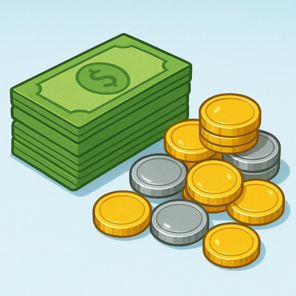 A neat stack of green paper bills is placed next to a small pile of gold and silver coins.