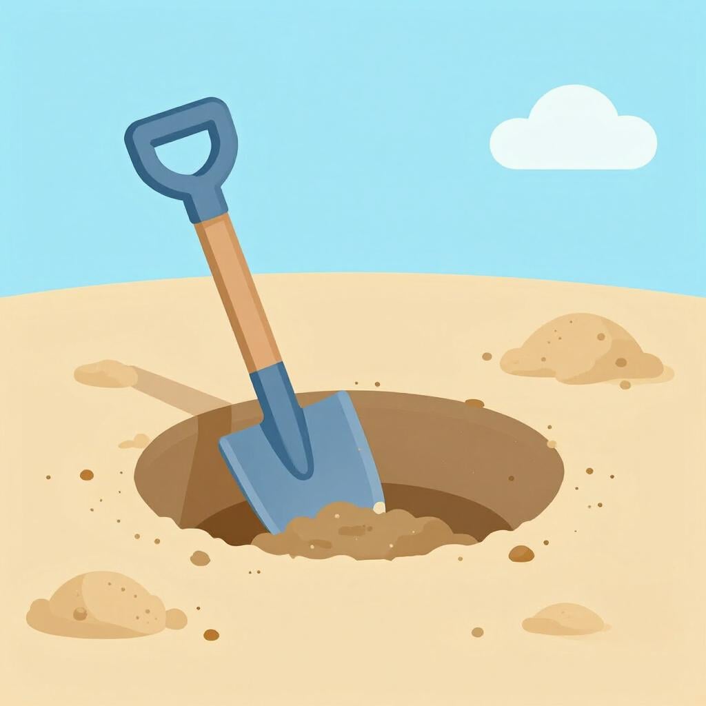 Un bambino che usa una piccola paletta per scavare una buca più profonda nella sabbiera.