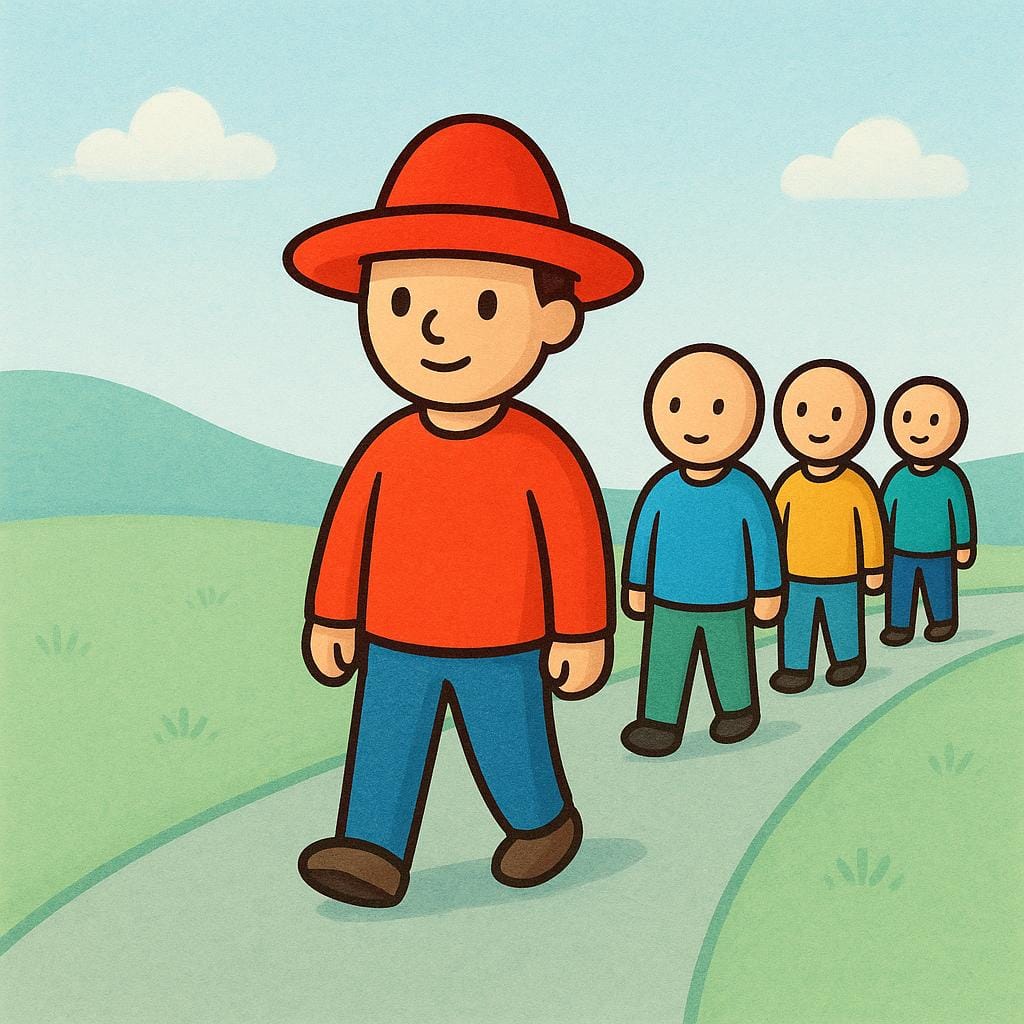 A guide standing at the front of a small group of people who are following closely behind, indicating they are being led.