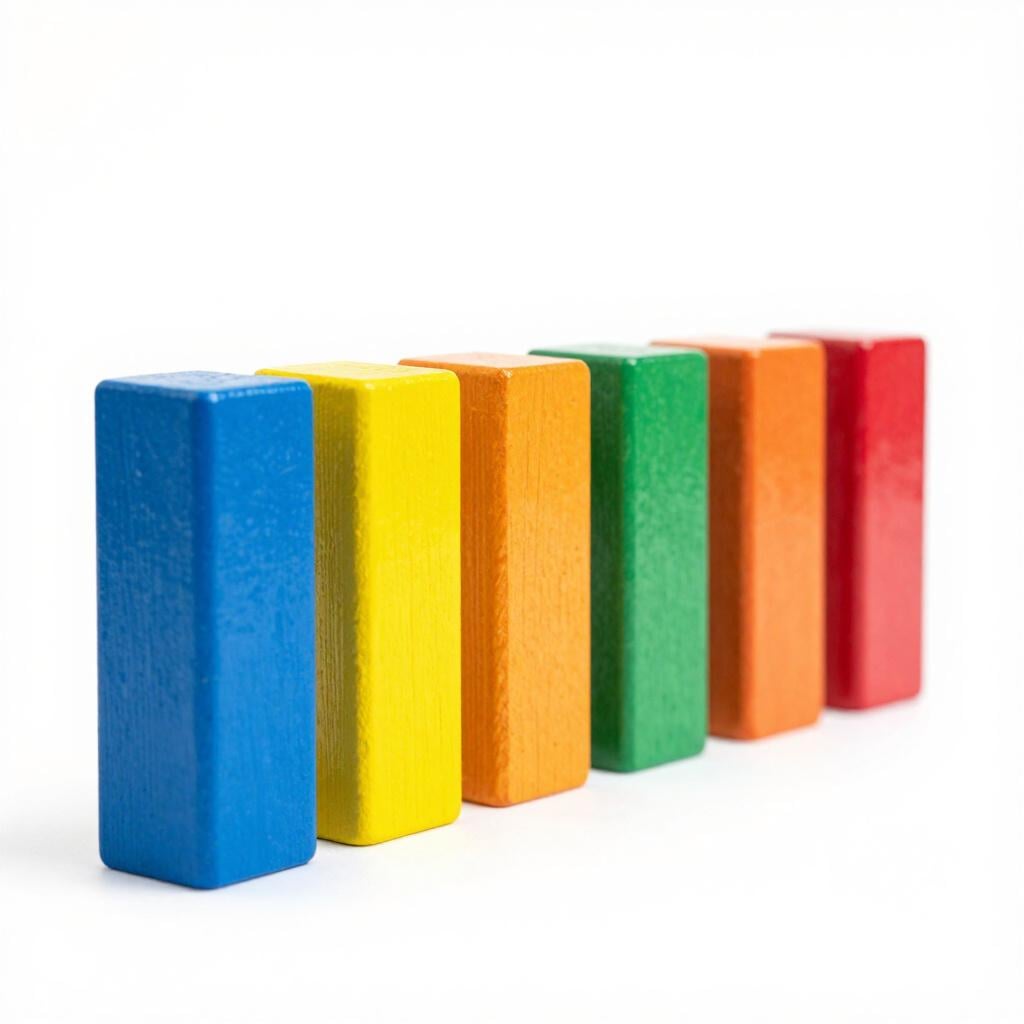 A row of colorful wooden blocks arranged in a perfectly straight horizontal line on a white surface.