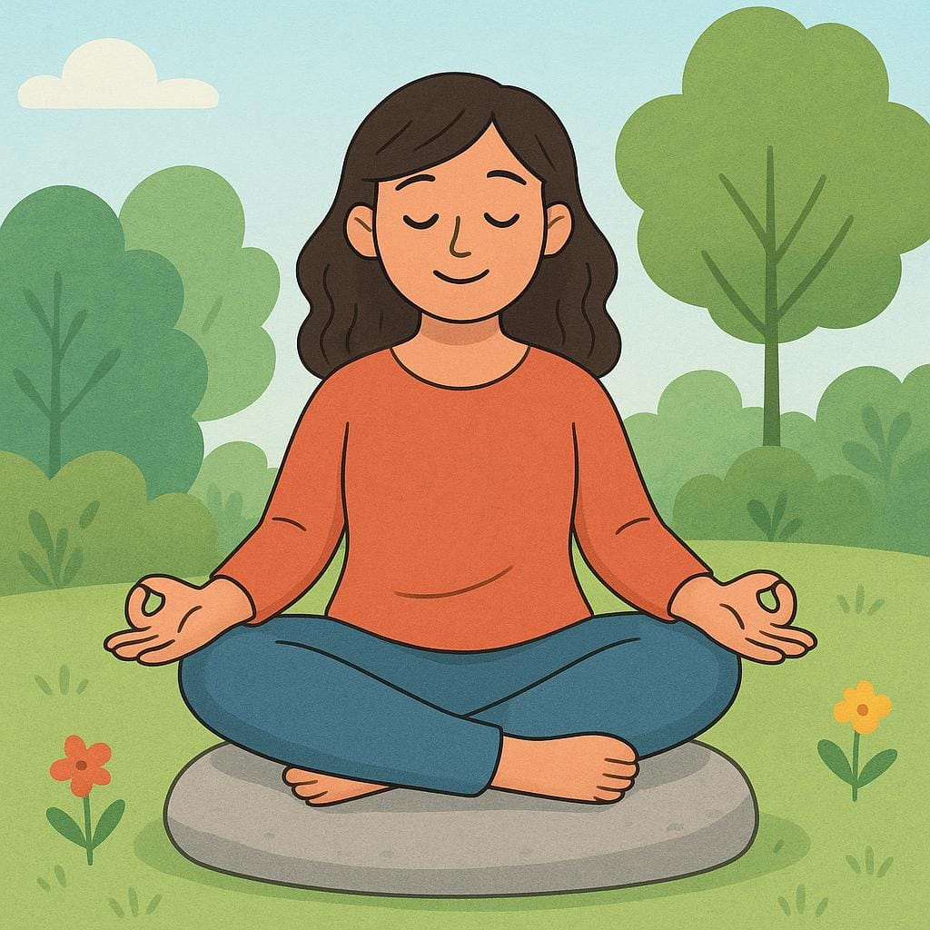 A young woman sitting cross-legged in a peaceful setting, eyes closed, displaying a serene and relaxed expression, illustrating calmness.