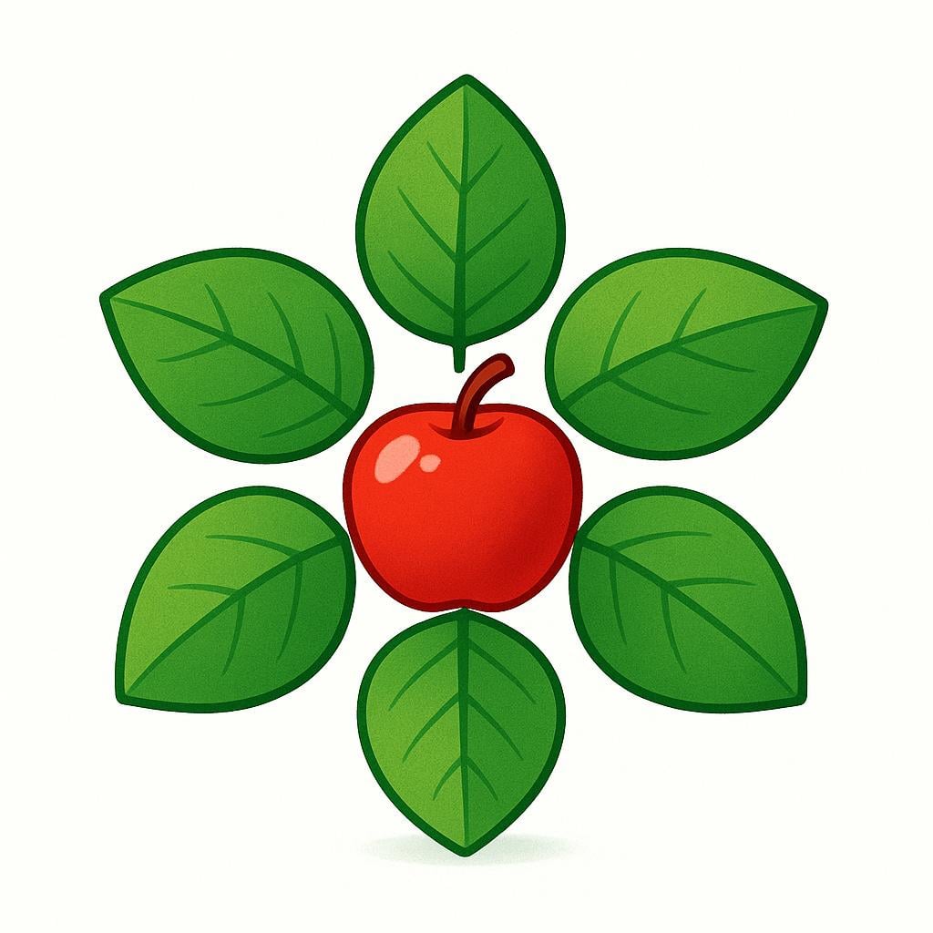 A small red apple sitting in the center of a circle formed by five green leaves.
