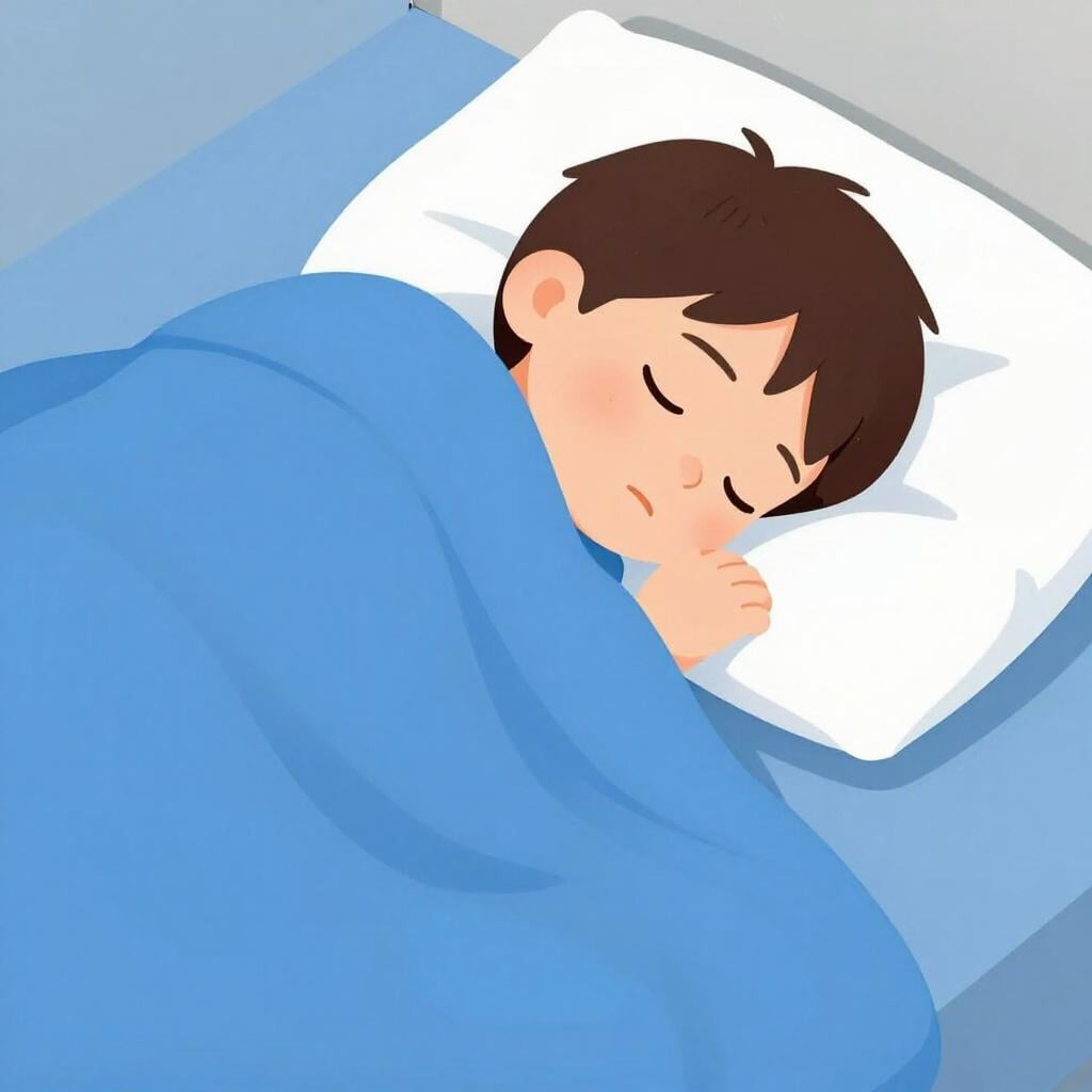 A small, peaceful child sleeping soundly and deeply on a soft pillow, covered by a thick blue blanket.