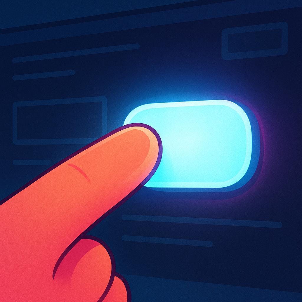A close-up illustration of a finger pressing a prominent, glowing button on a minimalist computer screen, representing a computer instruction.