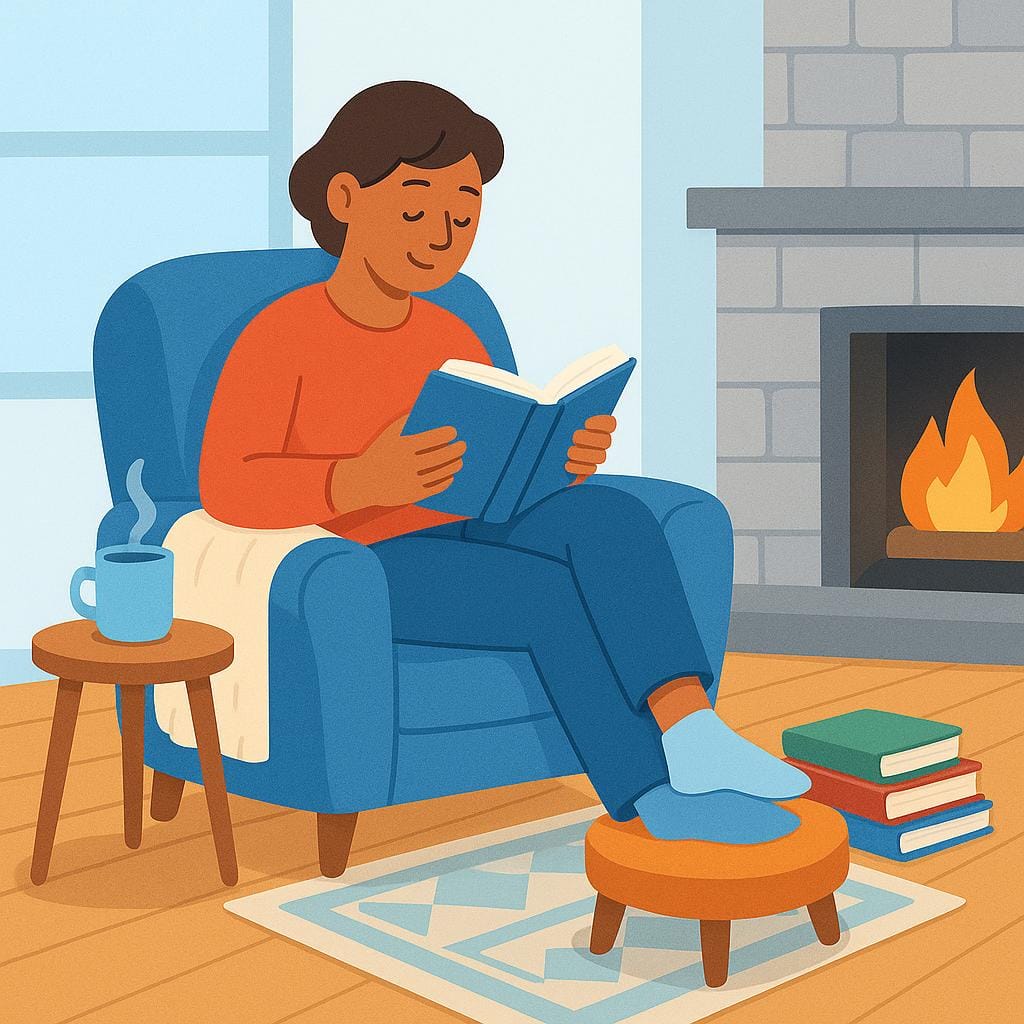 A single relaxed person sitting alone on a comfortable armchair next to a fireplace, reading a book, indicating they are staying put.