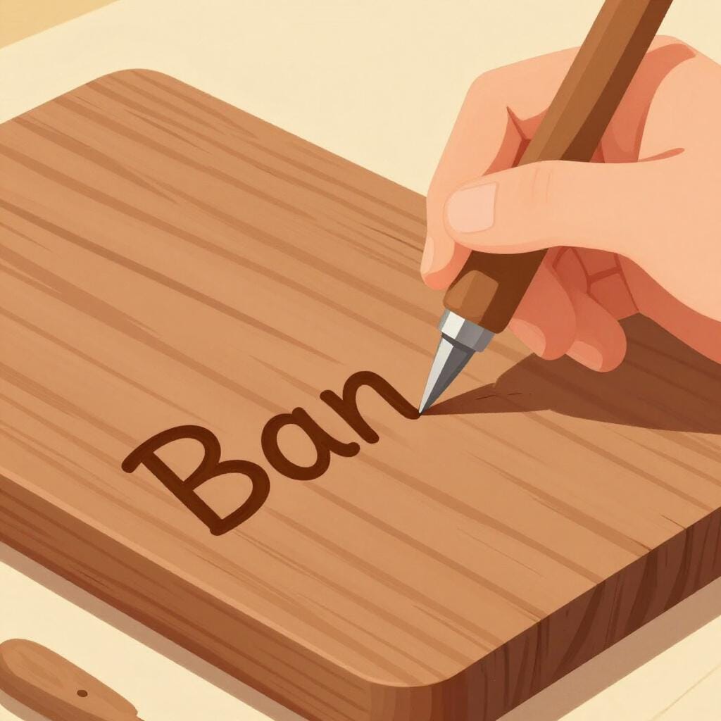 Eine Hand, die mit einem kleinen Meißel einen Namen in eine glatte Holztafel schnitzt.