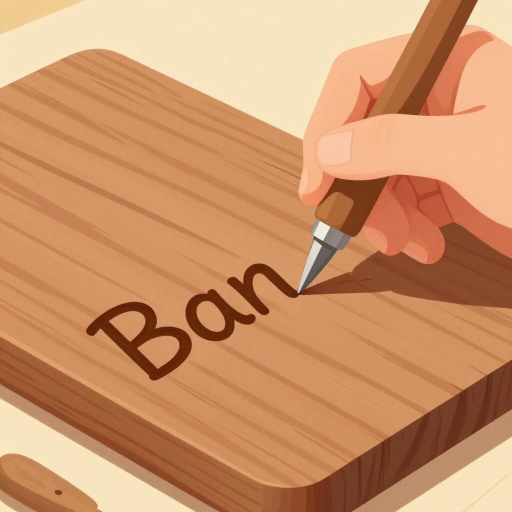 滑らかな木の板に名前を彫刻するために小さなノミを使っている手。