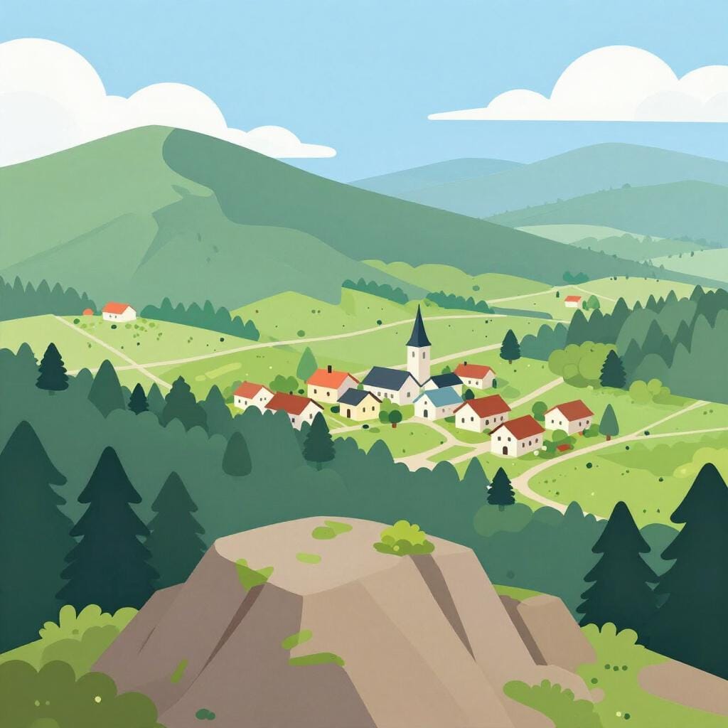 A view of a tiny village and a winding river as seen from the top of a high green mountain.