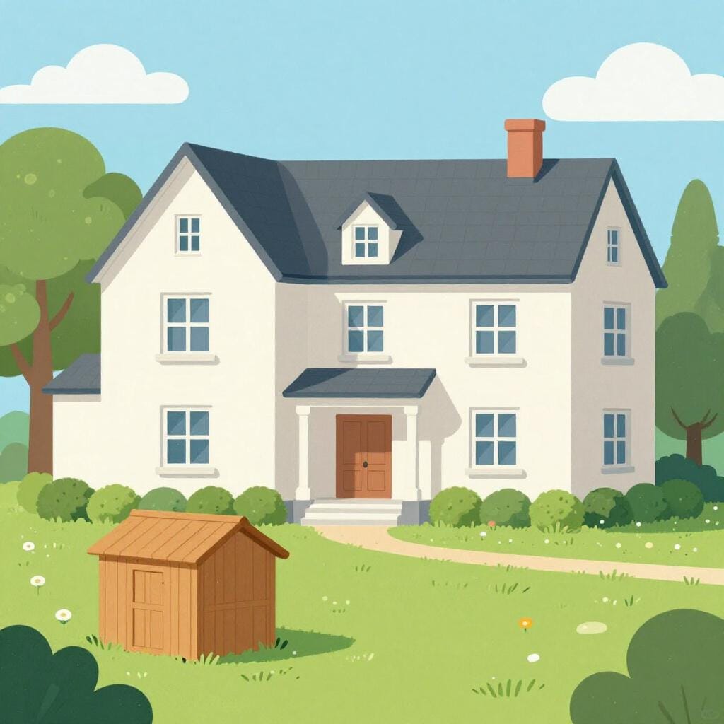 A large, grand house with a very small, simple wooden shed standing next to it.