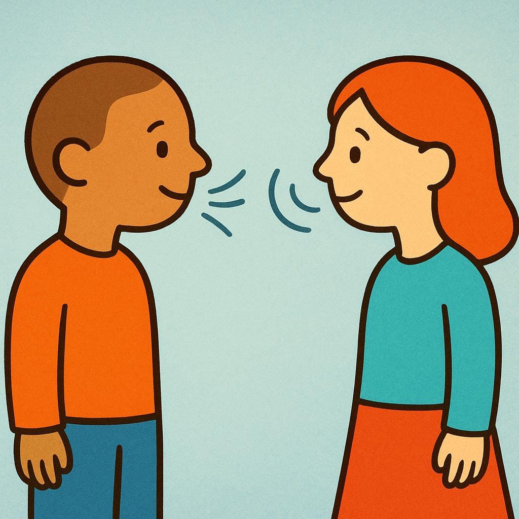 Eine farbenfrohe Bilderbuchillustration, die zwei vereinfachte Figuren zeigt, einen Jungen und ein Mädchen, die sich gegenüberstehen. Einfache geschwungene Linien gehen von ihren Mündern aus und zeigen an, dass sie sprechen und sich unterhalten.