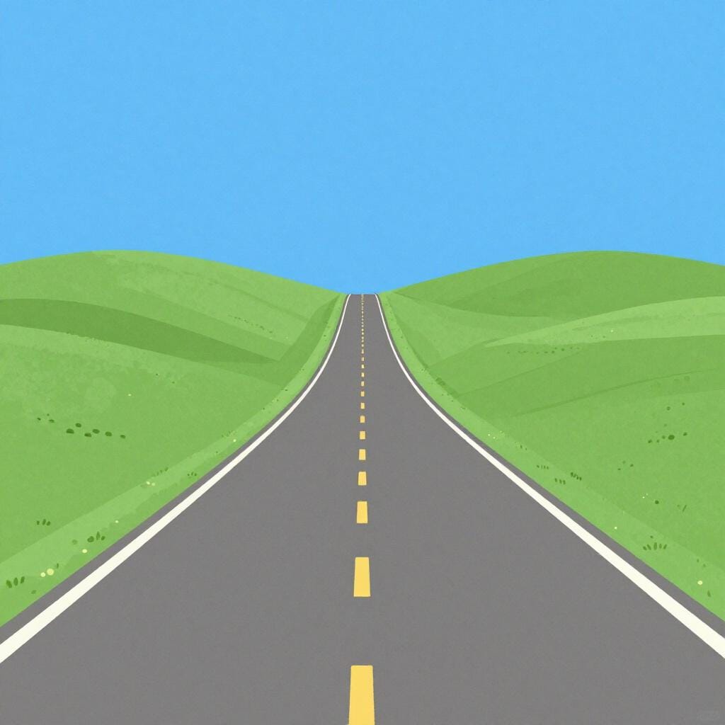 A winding road stretching far into the distance toward a bright sun on the horizon.