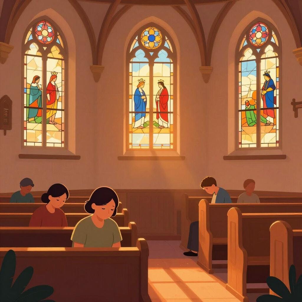 The interior of a peaceful church with sunset light streaming through stained glass windows while people sit in pews.