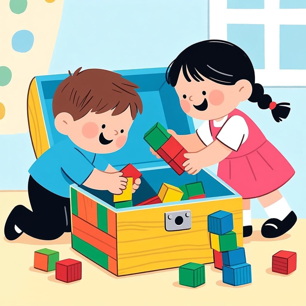 Two children diligently putting colorful wooden blocks into a large toy chest, symbolizing the obligation to complete a required chore.