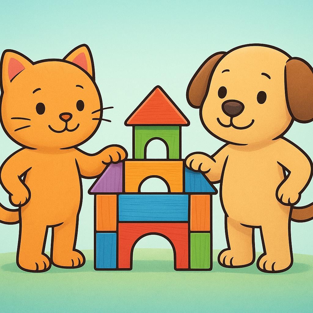 Two simple, smiling cartoon characters, a cat and a dog, stand next to a completed, brightly colored wooden building block structure, looking satisfied with their joint work.