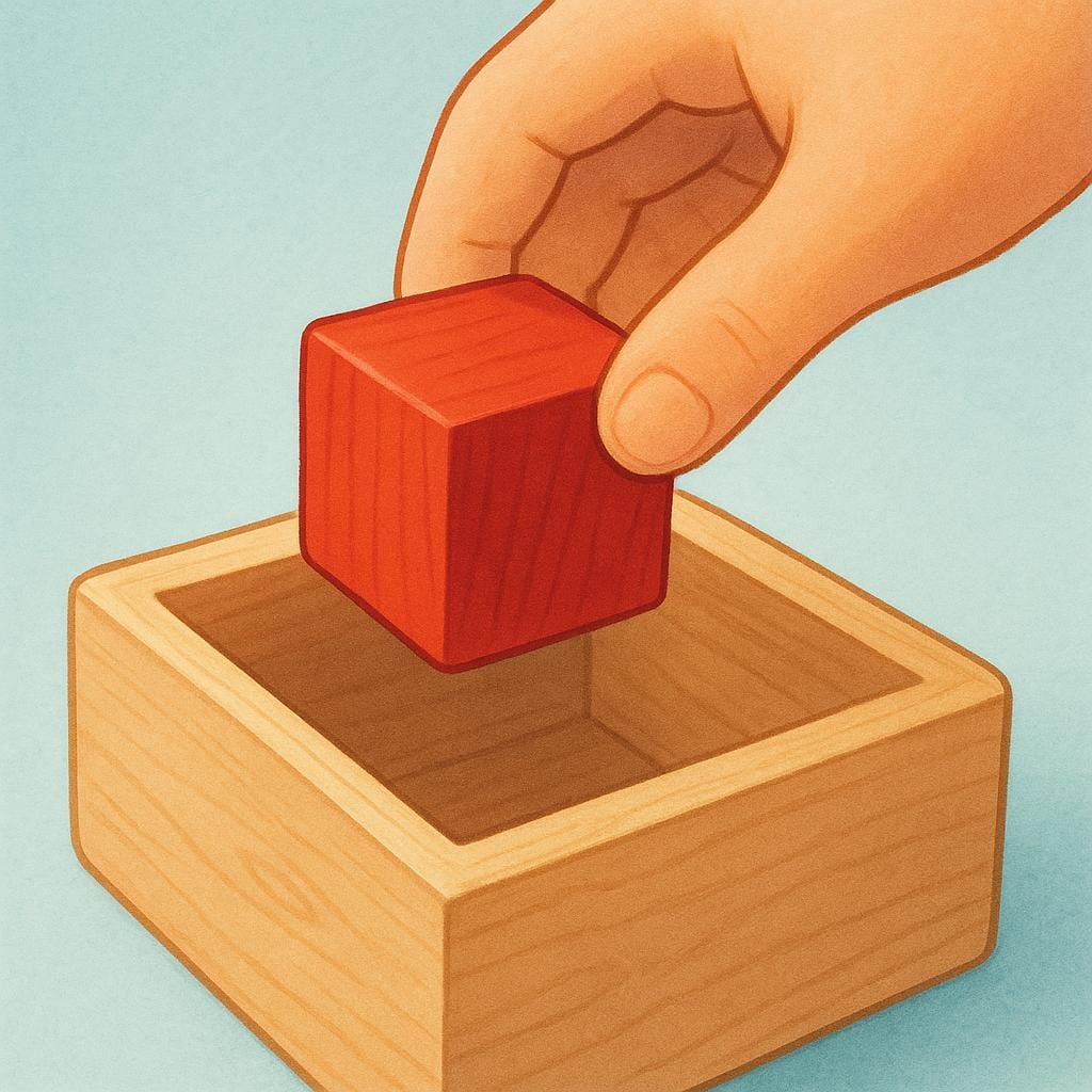 木製の玩具箱の中に手を伸ばし、明るい赤色の積み木を取り出す幼児の手のイラスト。物理的な取り出しを表現している。