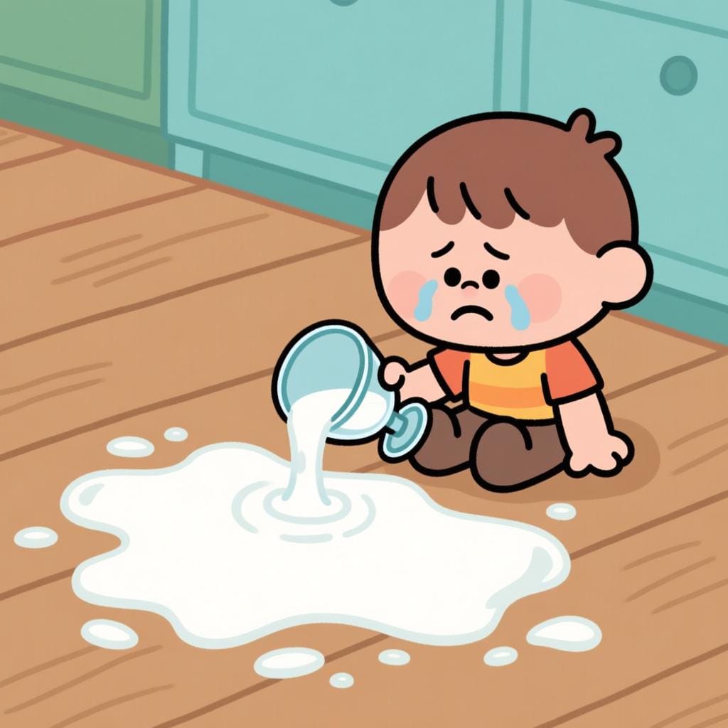 A simple storybook illustration of a small child sitting next to a large puddle of spilled milk and a tipped-over glass, looking distressed, symbolizing fault.