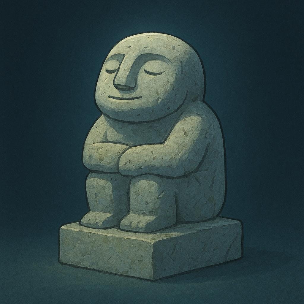 Une statue en pierre d'aspect ancien d'une figure stylisée placée sur un piédestal, représentant une idole religieuse.